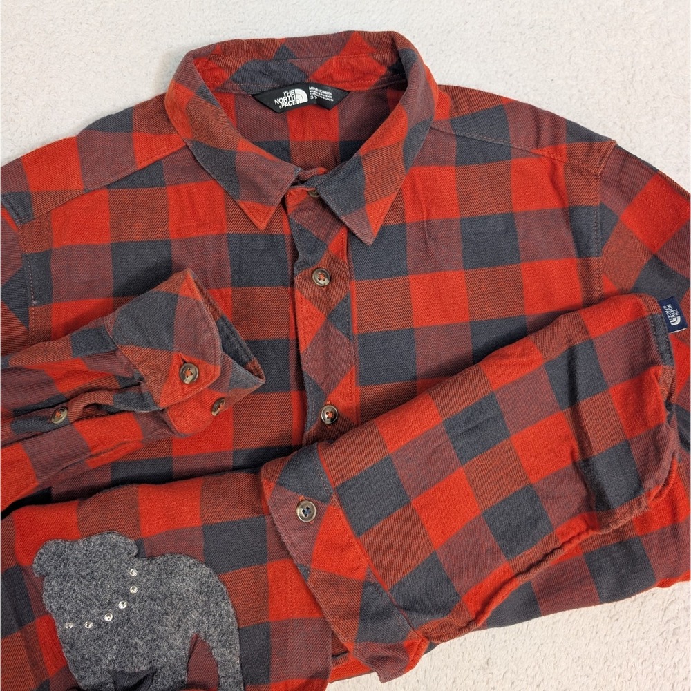 The North Face Plaid Flannel Shirt Men's Small Bull Dog Embroidery Orange‎